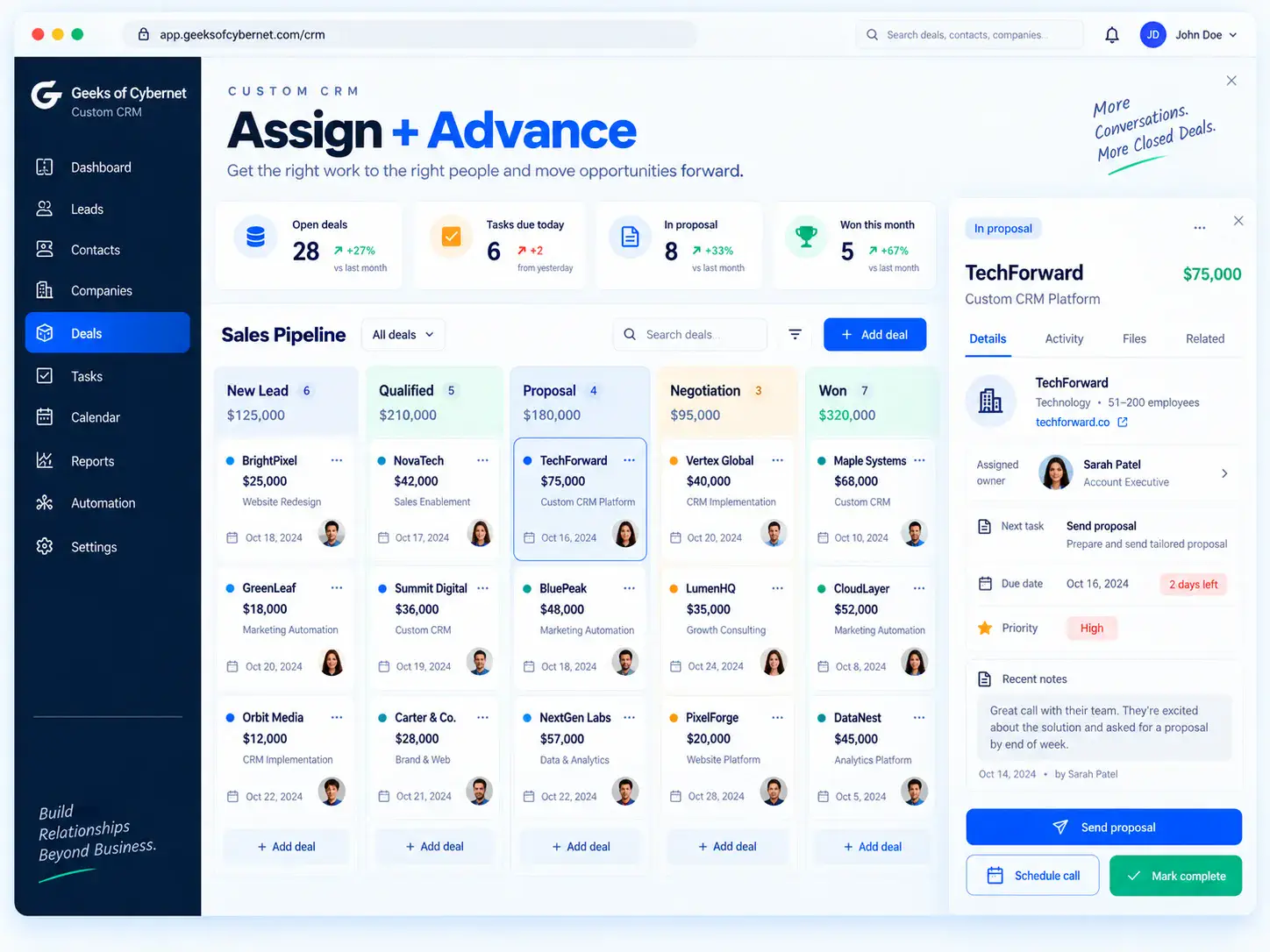 Custom CRM sales pipeline workspace showing opportunities across stages with owners, values, tasks and next actions.