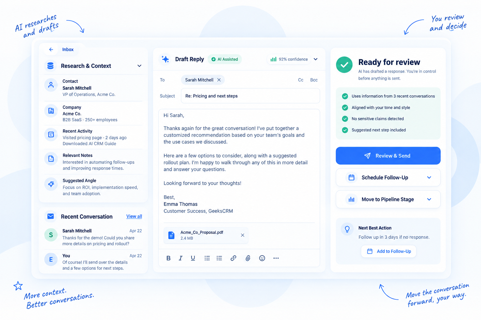 AI Email CRM interface showing research context, an AI-assisted draft reply, human review controls, follow-up scheduling and pipeline actions.