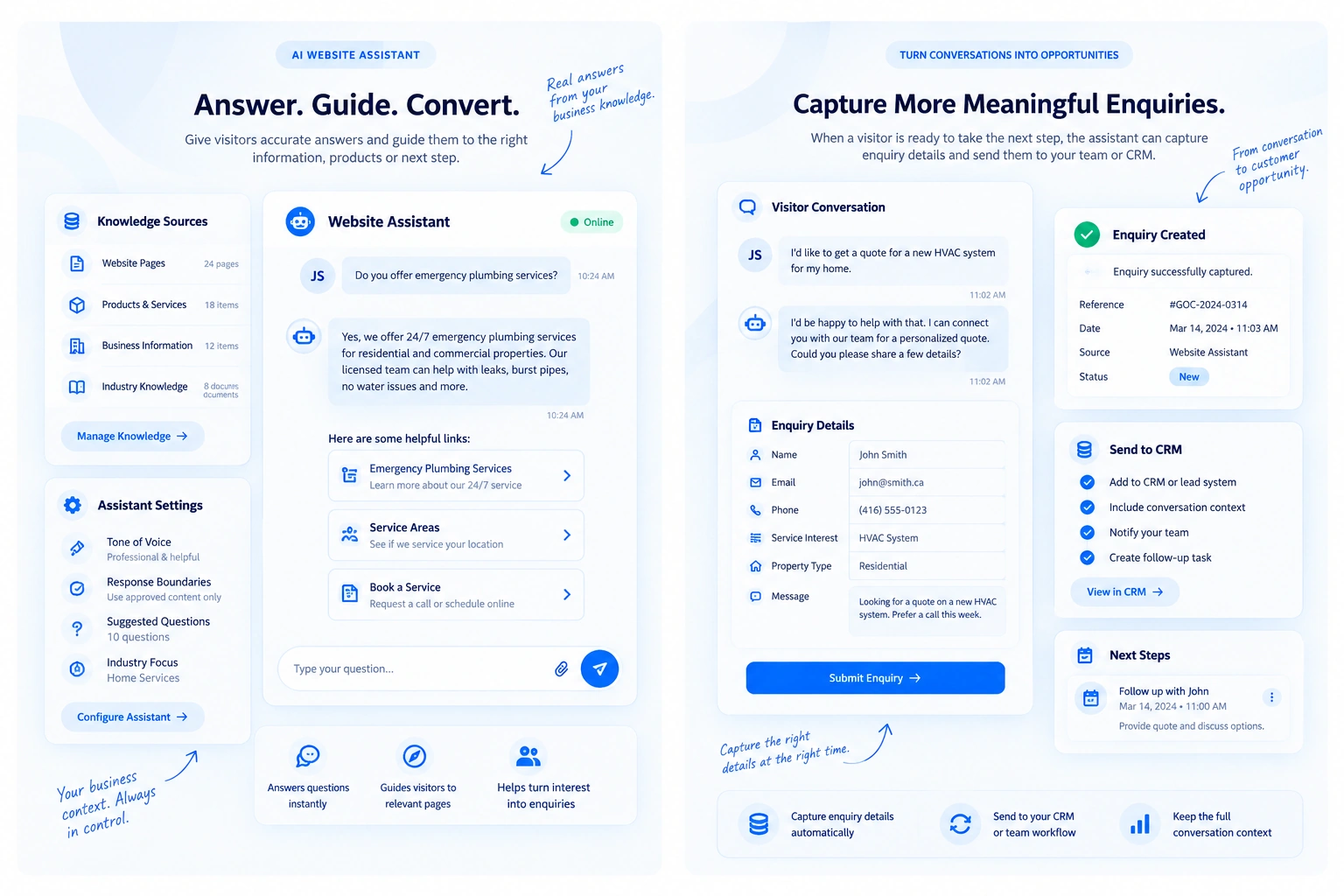 Premium AI Website Assistant product visual showing guided website answers on the left and enquiry capture with CRM handoff on the right.