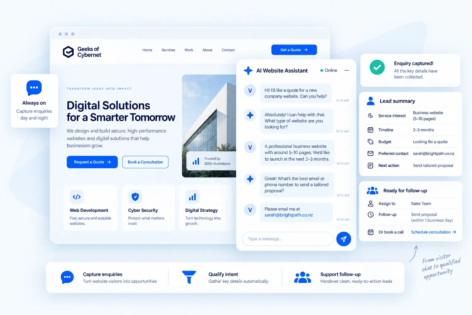 AI Website Assistant lead capture and follow-up workflow visual in a clean modern SaaS product style