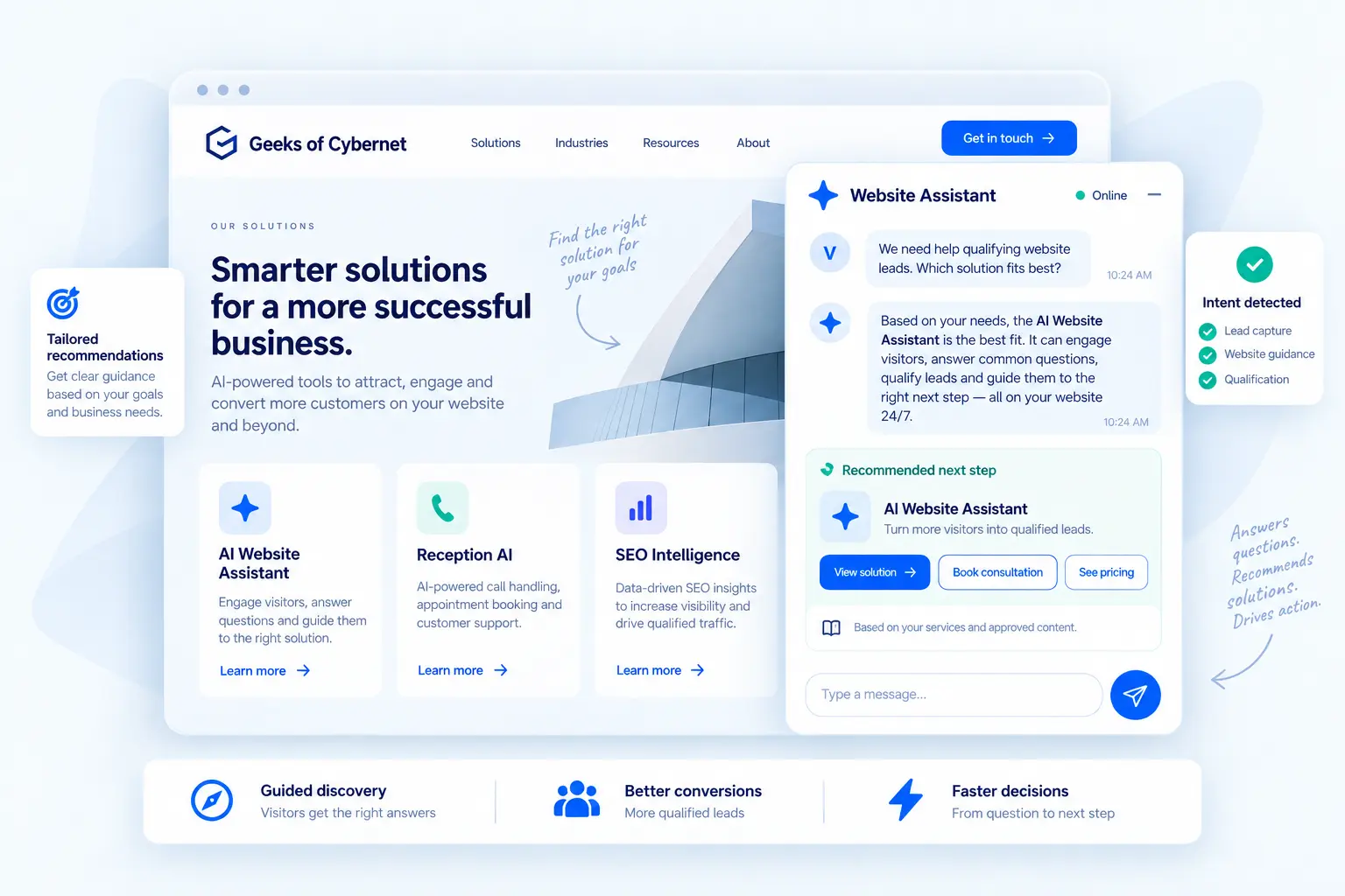 Assistant solution recommendations interface showing smart guidance and product matching in a premium SaaS layout