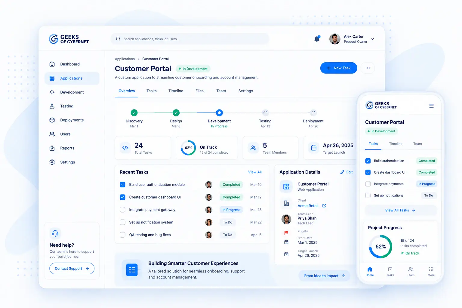 Custom business application interface showing project progress, tasks, application details and a responsive customer portal.