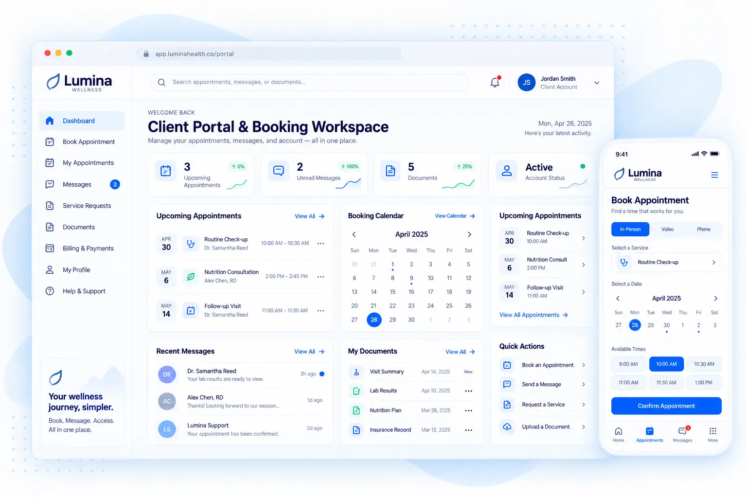 Custom client portal and booking system showing appointments, messages, documents, service requests and mobile scheduling.