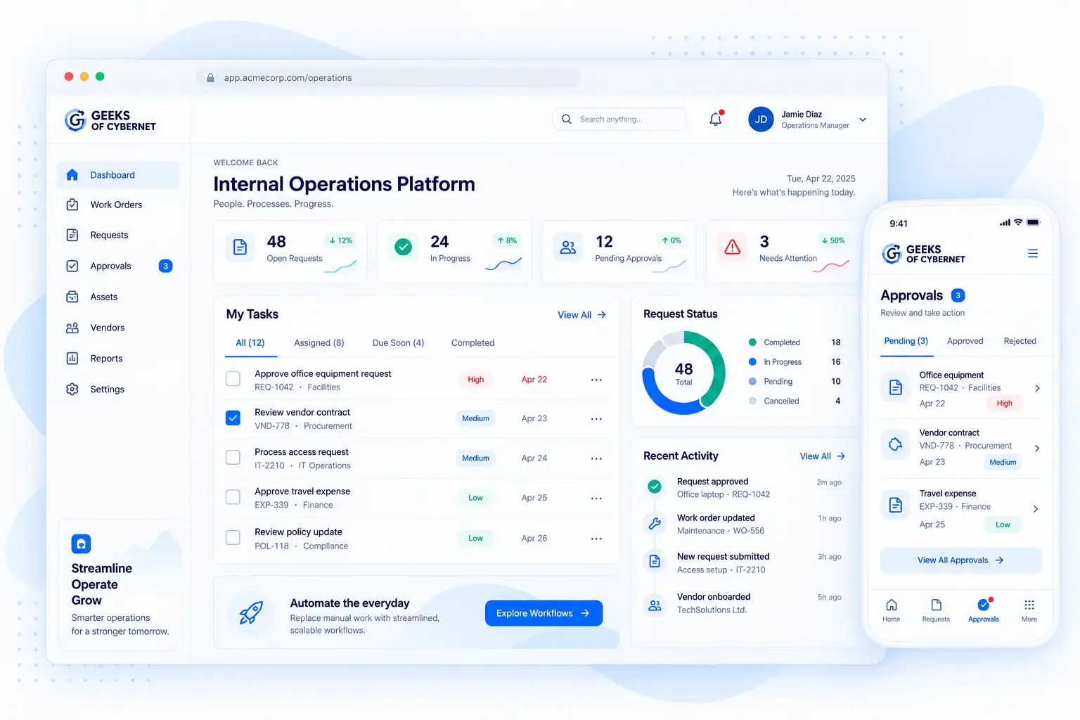 Custom internal operations platform showing requests, approvals, team tasks, activity tracking and mobile workflow management.