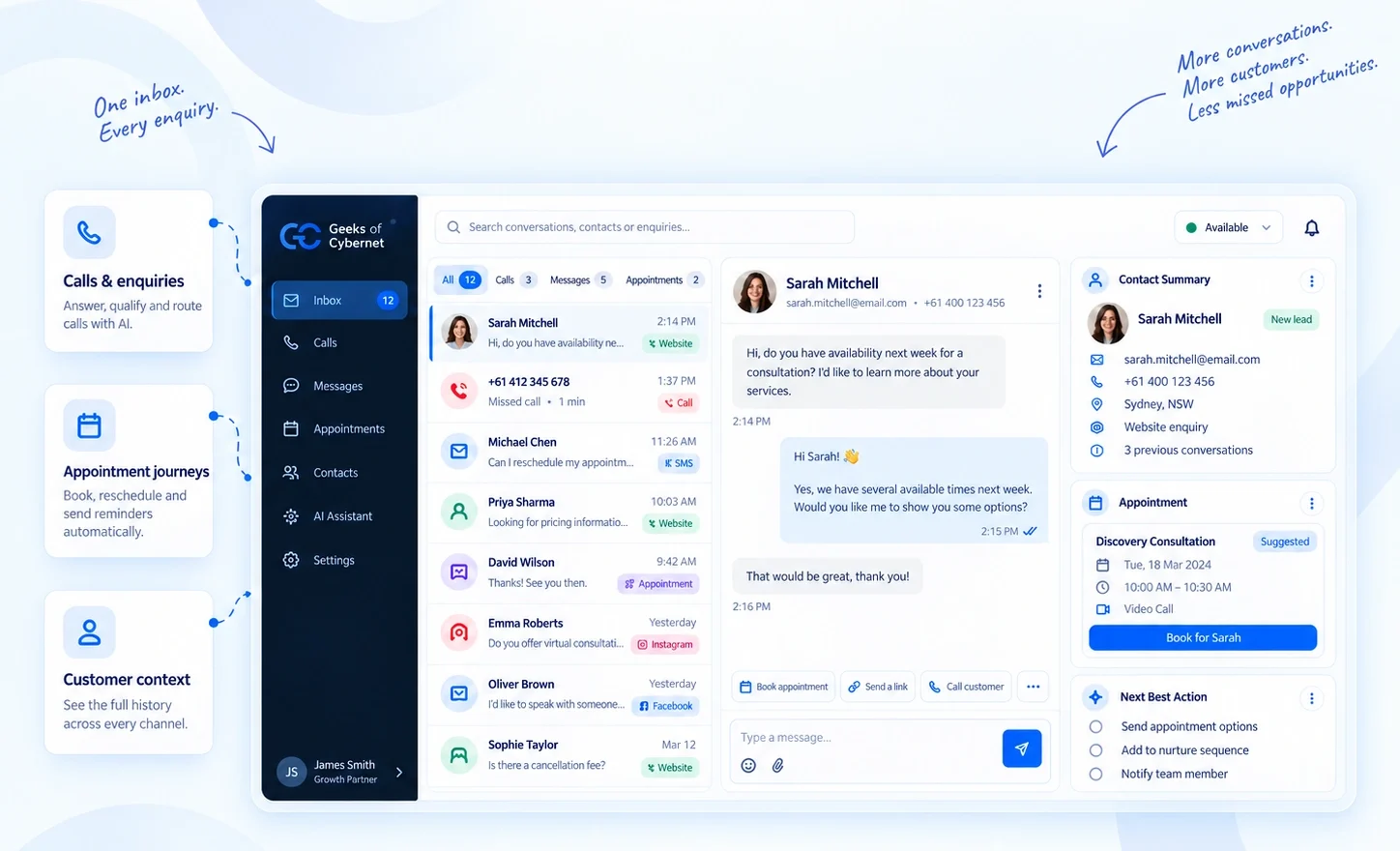 Reception AI workspace showing calls, messages, appointments, customer context, conversation history, and next-action guidance in one customer enquiry view.