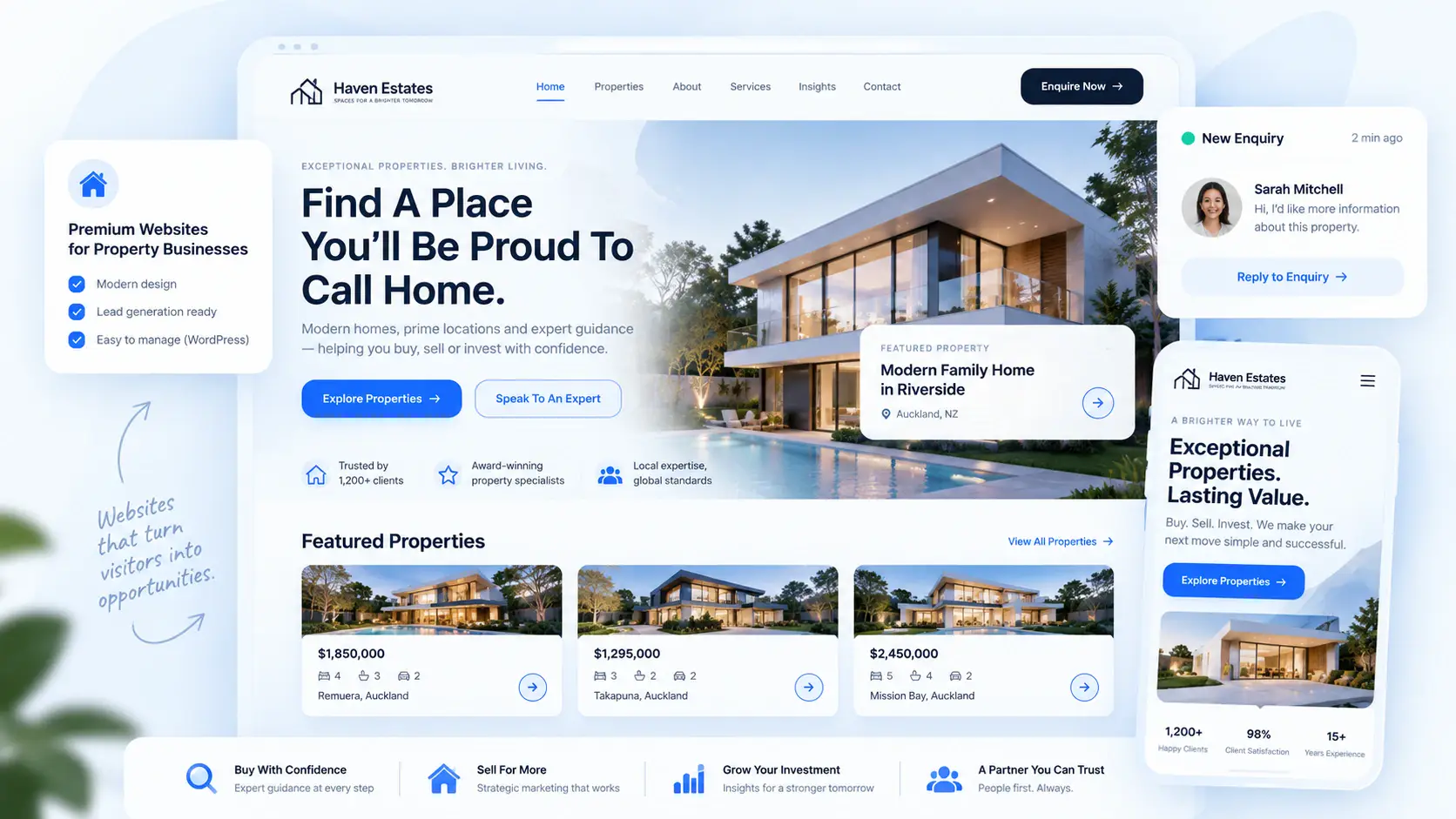 Real estate website design with featured properties, responsive mobile layout, enquiry capture and modern WordPress development.