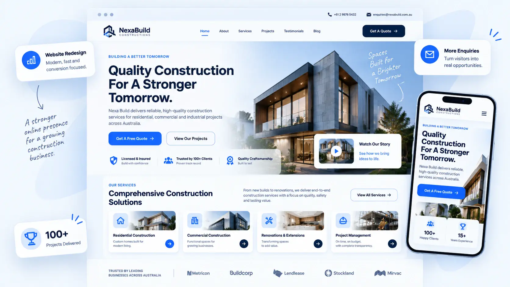 Modern construction company website design with responsive desktop and mobile layouts, service sections and enquiry features.